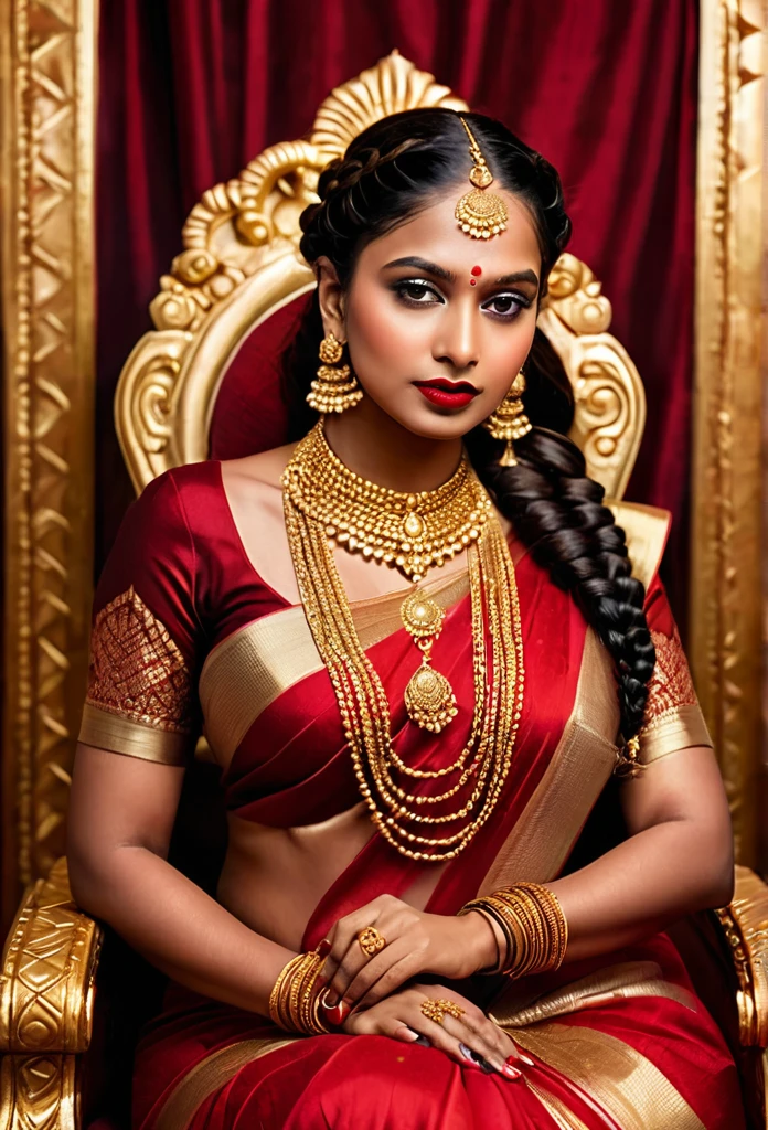 Queen of extremely dark complexion in indian red gold plated saree, whole body covered, braids hairstyle. Gold Necklace, lots of gold jewelry, gold bangles, red lipstick sitting on a royal throne
