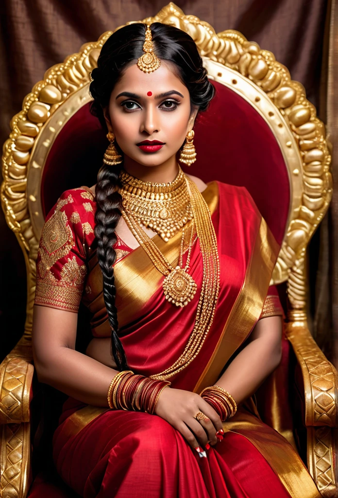 Queen of extremely dark complexion in indian red gold plated saree, whole body covered, braids hairstyle. Gold Necklace, lots of gold jewelry, gold bangles, red lipstick sitting on a royal throne
