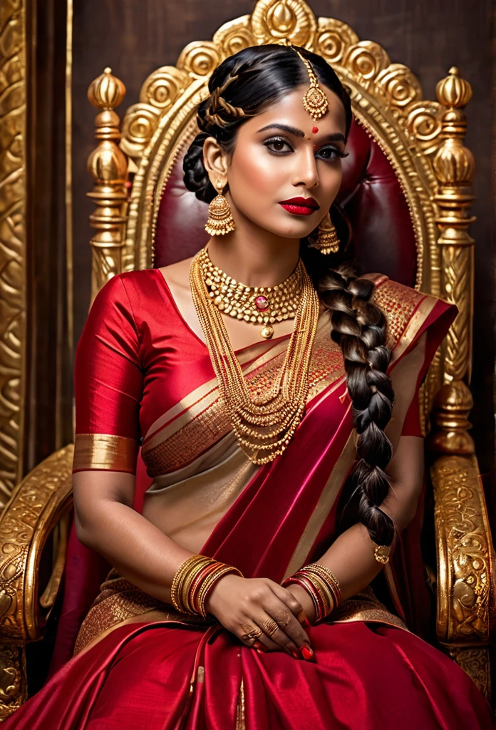 Queen of extremely dark complexion in indian red gold plated saree, whole body covered, braids hairstyle. Gold Necklace, lots of gold jewelry, gold bangles, red lipstick sitting on a royal throne
