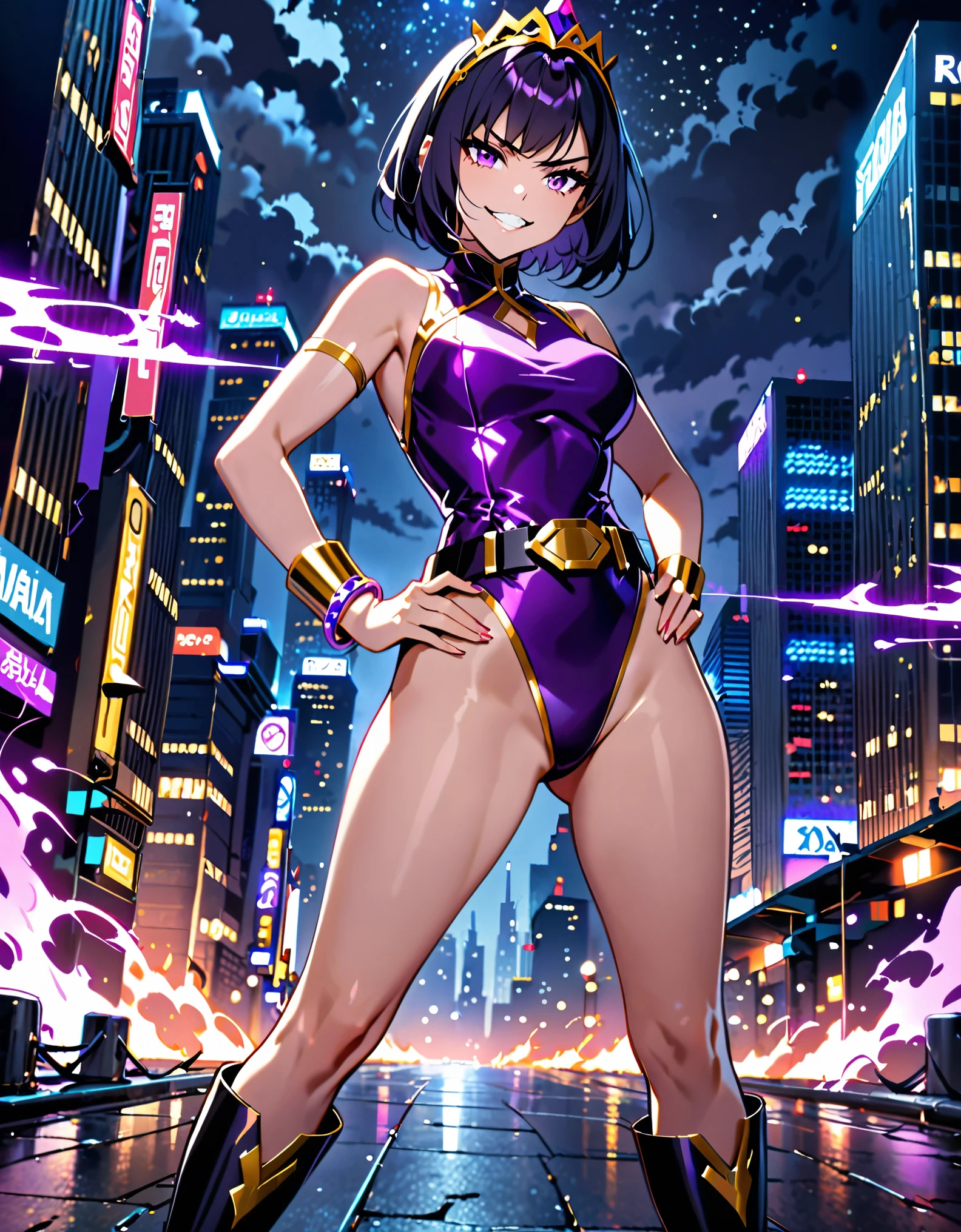 masterpiece, best quality, highres, 1girl, villain, leotard, purple leotard with gold accents, bare legs, (fastened tight gold belt), boots, ankle boots, bracelets, night sky, standing straight, hands on hip, infused with powers, cityscape, searchlights, black hair, short hair, bob hair, tiara, purple eyes, beautiful detailed eyes, perfect hands, solo, solo focus, evil grin