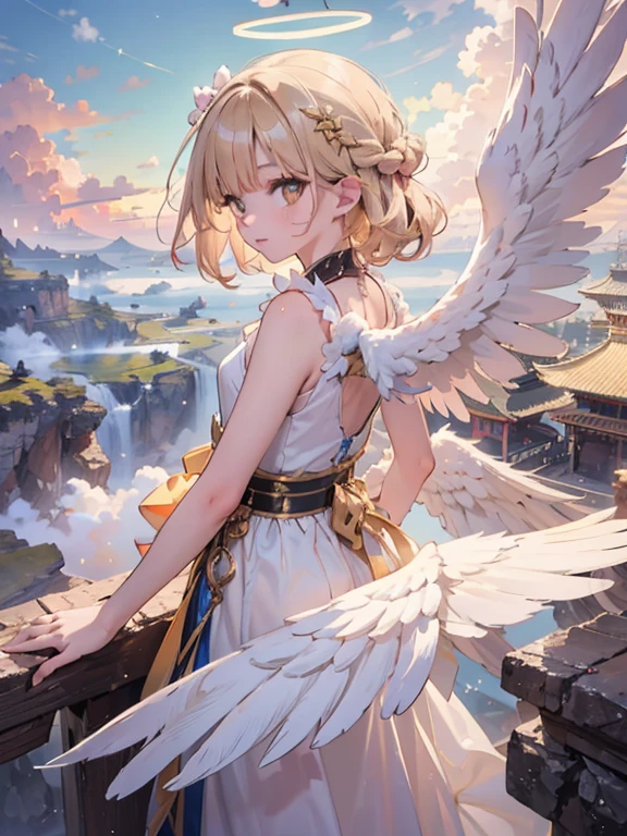 masterpiece, highest quality, Very detailed, 16k, Ultra-high resolution, Cowboy Shot, One 12-year-old girl, Detailed face, Perfect Fingers, Angel halo on head, Golden Eyes, Blonde, Braid, Thin and light clothing, Angel wings growing on the back, Above the Clouds, temple, Fantastic landscape, Flying on angel wings