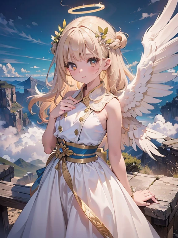 masterpiece, highest quality, Very detailed, 16k, Ultra-high resolution, Cowboy Shot, One 12-year-old girl, Detailed face, Perfect Fingers, Angel halo on head, Golden Eyes, Blonde, Braid, Thin and light clothing, Angel wings growing on the back, Above the Clouds, temple, Fantastic landscape, Flying on angel wings