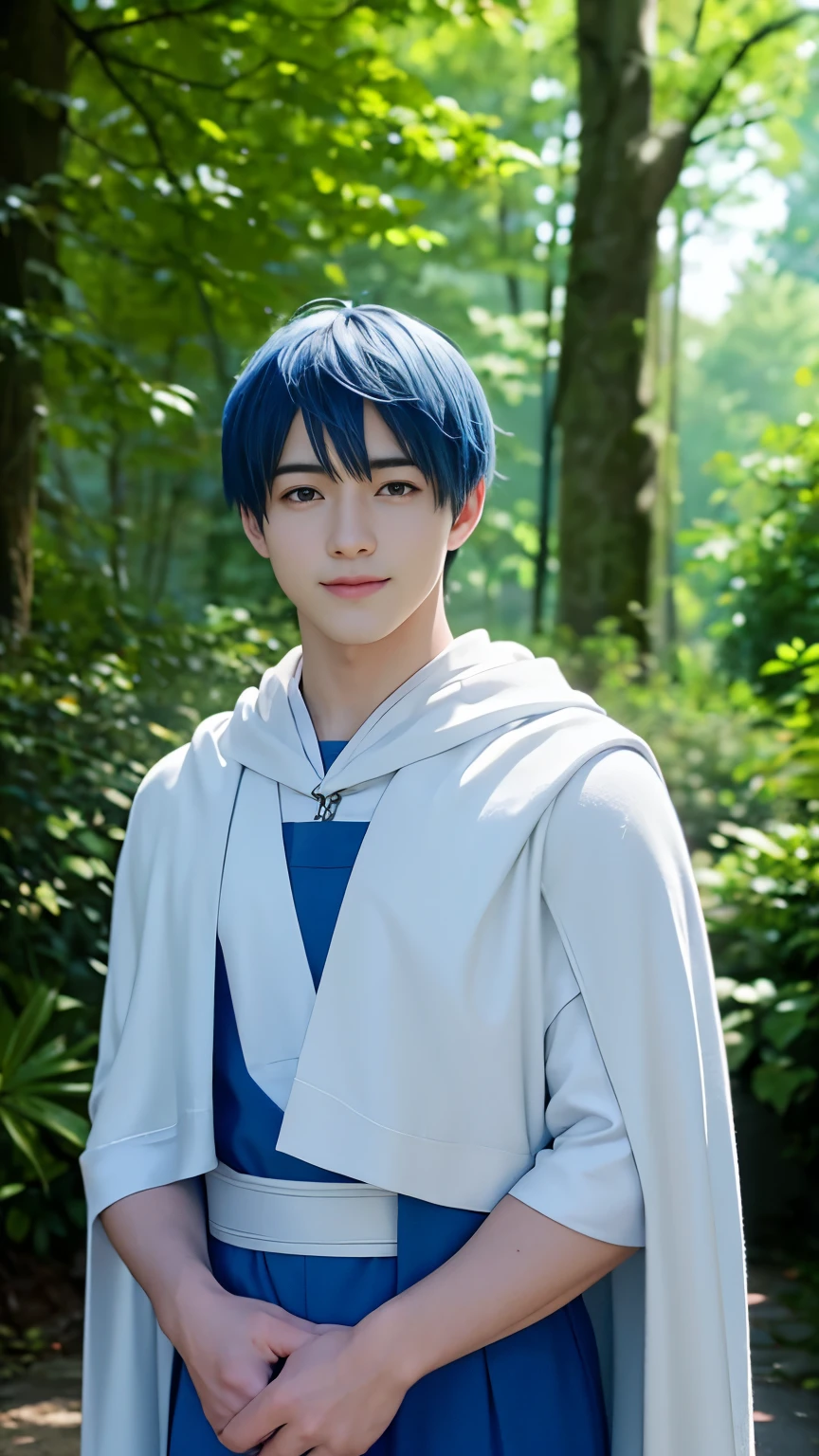 ((live-action:1.2)), photo of in real life,8k,A hyper-realistic movie photograph of a young man with short blue hair. He is wearing a blue outfit with a white cape. The character has a gentle smile on his face. The background features a lush, green forest with sunlight filtering through the leaves, creating a serene and peaceful atmosphere.