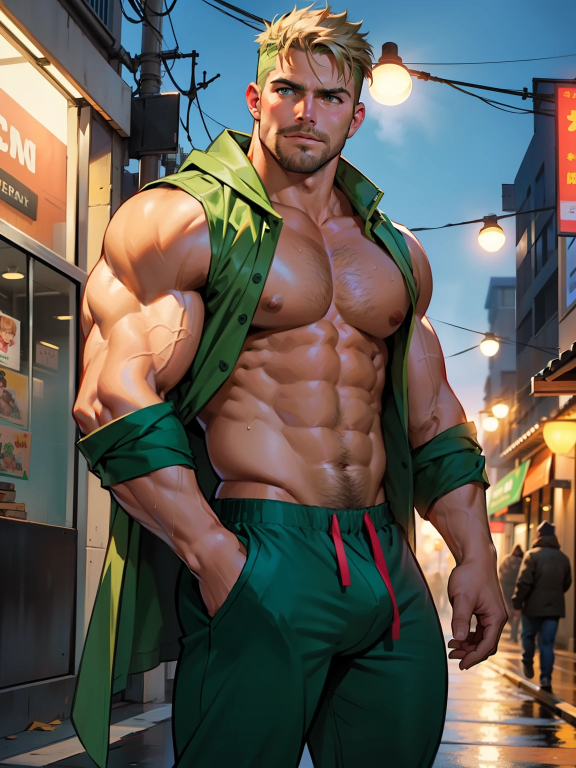 masterpiece, best quality, face, natural eyes, 1man, macho man,hunk and handsome , muscled and mature, stephen amell as a green arrow wearing totally unbuttoned  pants, shirtless , showing nipples and privates  sweating, tight cloth showing his muscles and bulge , full body , background city at night