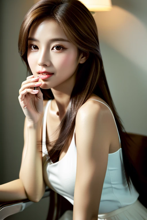 ((highest quality)), ((masterpiece)), (detailed), whole body、wallpaper、Attention to detail、Perfect Face、Perfect body、Perfect proportions、Narrow waist、Feminine body shape、Light brown hair、Beautiful Skin、Beautiful white skin、Half Russian and half Korean、アジアBeauty、Japanese 、(masterpiece:1.3), (8k, Photorealistic, Raw photo, Best image quality: 1.4), (Rough long hairstyle:1.2)、Cleavage:1.4、Beauty、Beauty、Wearing a tank top、sitting on a chair drinking a cocktail