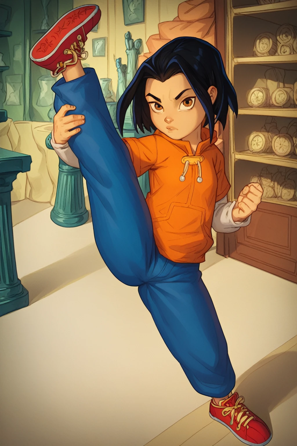 score_9, score_8_up, score_7_up, semirealistic girl kicking, standing, leg up, , jadechan, short black hair, solo, detailed brown eyes, looking at viewer, 1girl, orange hoodie, long white sleeves, blue pants,  Sneakers 