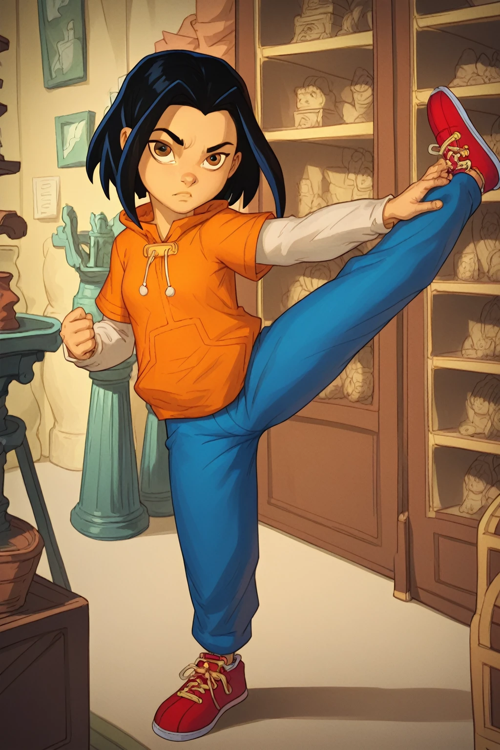 score_9, score_8_up, score_7_up, semirealistic girl kicking, standing, leg up, , jadechan, short black hair, solo, detailed brown eyes, looking at viewer, 1girl, orange hoodie, long white sleeves, blue pants,  Sneakers 