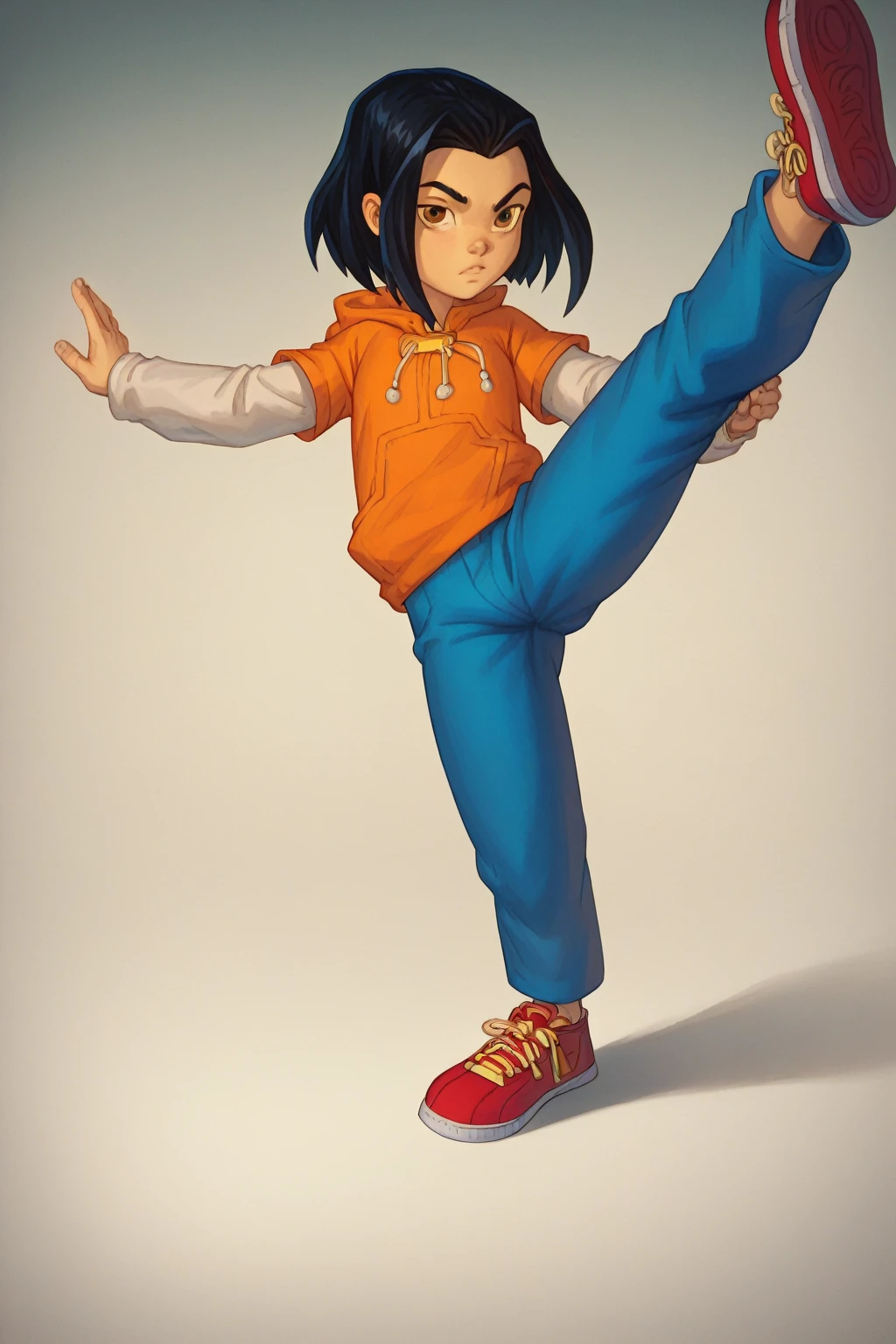 score_9, score_8_up, score_7_up, semirealistic girl kicking, standing, leg up, , jadechan, short black hair, solo, detailed brown eyes, looking at viewer, 1girl, orange hoodie, long white sleeves, blue pants,  Sneakers 