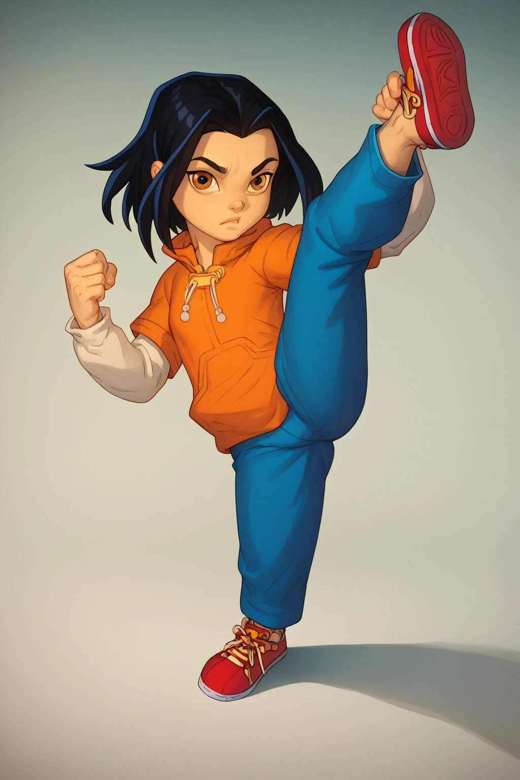 score_9, score_8_up, score_7_up, semirealistic girl kicking, standing, leg up, , jadechan, short black hair, solo, detailed brown eyes, looking at viewer, 1girl, orange hoodie, long white sleeves, blue pants,  Sneakers 