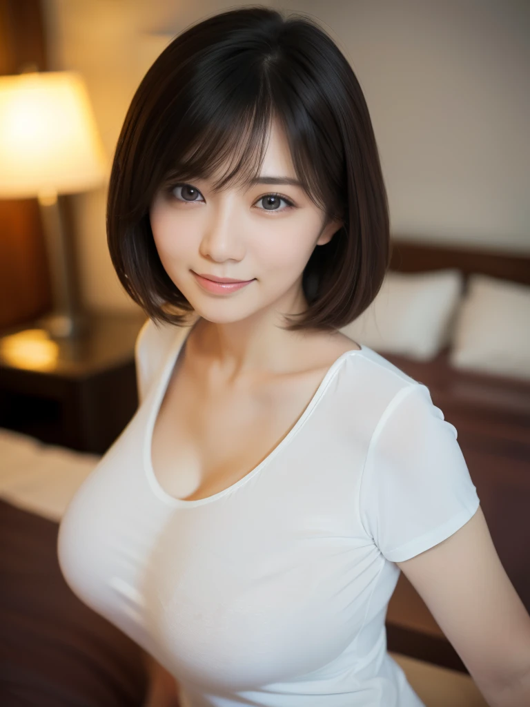 ((masterpiece))、((highest quality))、photograph、reality、High resolution、Advanced Depth of Field、Very detailed、Realistic lighting、Married women、40 years old、Delicate features、short hair、Realistic background and accessories、Big and soft breasts、Sexy smile、Captivating Gaze、Sexy lips、Bedroom、night、Dark Room、((A T-shirt that fits snugly around the chest))、Wide angle、引きphotograph、20mm wide-angle lens、