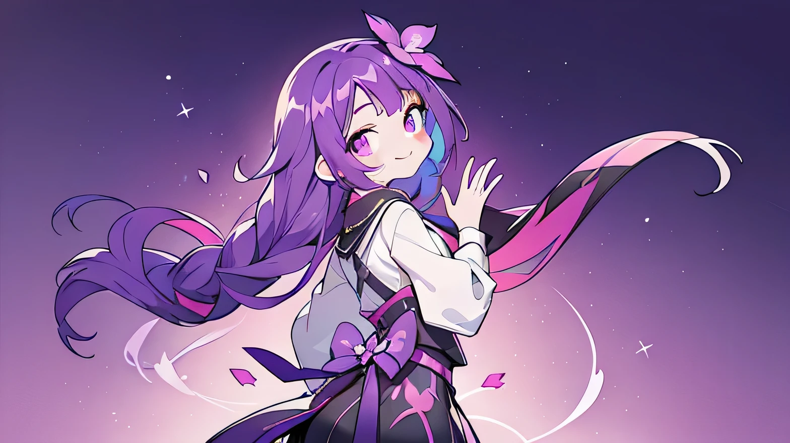 (Very bright:1.1), violet background, [1 girl:7], (head tilt:1.2),smile, violet hair, long hair,  violet Eyes, Hip hop fashion, ([sketch|watercolor \(Moderate\)]:1.15), (Inkblot:1.1), (pale:1.2), vector trace, Gradient Blending, look back, Bright colors,((colorful)), flower, That&#39;s excellent, very detailed, Complex, (Extremely low contrast:1.4)