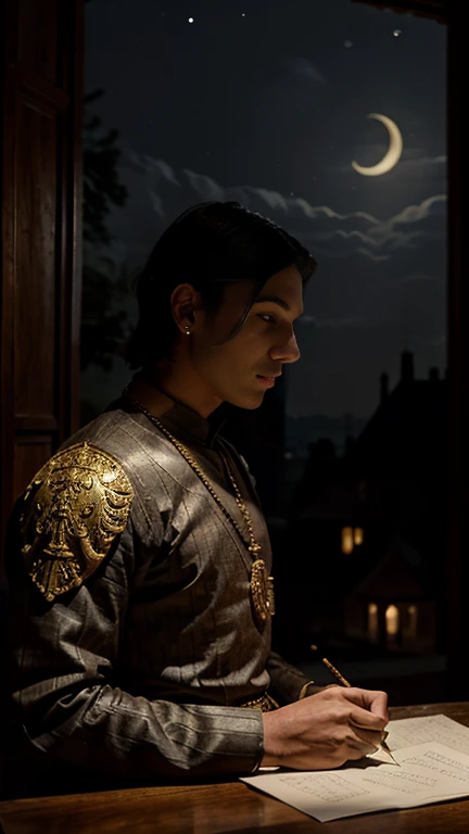 Manor house at night, moonlight, Male medieval count, rich, splendid clothing, jewellery, gold necklace, drawing on a sheet of paper, house has animal trophies on walls