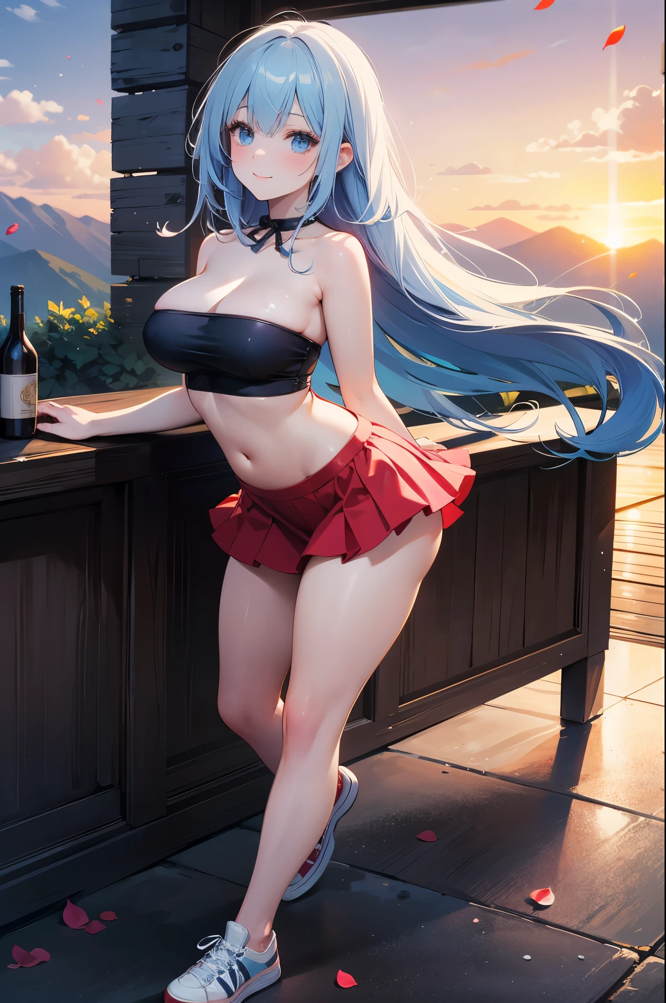 realistic image, detailed image, coherent image, 1 beautiful girl, she has very long hair, light blue hair, blue eyes, smiling expression. She is wearing a strapless top, showing her navel, a thin thong, a pleated miniskirt, sneakers, She has a curvy body, medium breasts and thick thighs, She is standing, legs crossed, arching her back, surrounded by bottles of alcohol , background of a mountainous landscape, flower petals falling around, sunset, twilight, Soft focus, full body view, Dramatic shadows, Volumetric lighting, natural lighting,