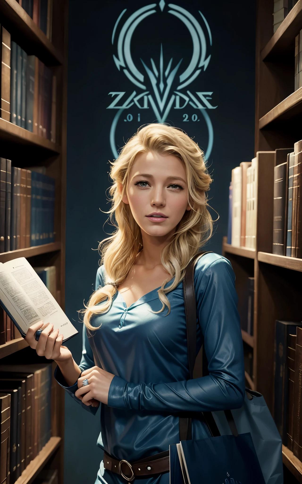 (Blake Lively:Elsa Pataky) is a librarian grabbing a book with strange symbols in the cover, tote bag. ((Blue shirt with white neck)) , Lovecraft atmosphere, 1920 style, masterpiece. 