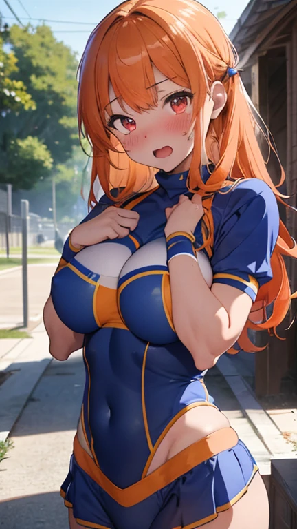 mastute piece,Best Quality,insanely detailed,8k cg,nsfw,
shoot upper body,(body in front:1.1),
1girl,standing,looking at viewer,(upright:1.3),(blue cheer leader costume),
break,blush,shy,(trembling:1.2),orange hair,(large breasts),(open mouth:0.9),(outdoor sports filled),