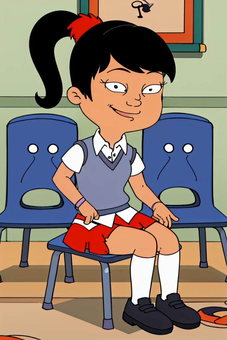 akiko, 1girl, black hair, solo, ponytail, sweater vest, , orange skirt, socks, shirt, short sleeves, shoes, smile,looking at viewer, american dad,dot pupils, panties, sitting on chair, spread legs, skirt lift, upskirt view , cameltoe, smiling,