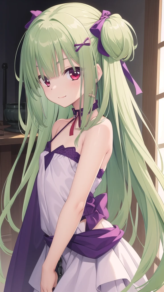 ((masterpiece)),(best quality),Official Art,Extremely detailed CG,Unity 8k Wallpaper,Super detailed,Beautiful and delicate eyes,Extremely detailed face,1 girl,solitary,,(whole body:1.5),(small:1.3),Smile,,Murasame,Very long hair,Green Hair,Face Up,Purple bow,hairpin,Side chains,Bangs,Red Eyes,Neck strap,Red belt,Elegant and beautiful，Green dress with flowers，The lotus skirt is cut in one color，Fleur opened to the sides of her face