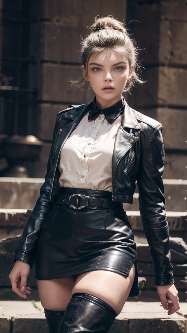 Camren Bicondova, (((woman))), (((best quality person))), (masterpiece、highest quality:1.2), cowboy shot, solo, 1 girl, shirase sakuya, laughter, look at the audience, high ponytail, , collared shirt, tie, skirt、black leather thigh boots、high heels、expensive、long legs、thighs thighs thighs、full body image、expensive、Absolute area、
