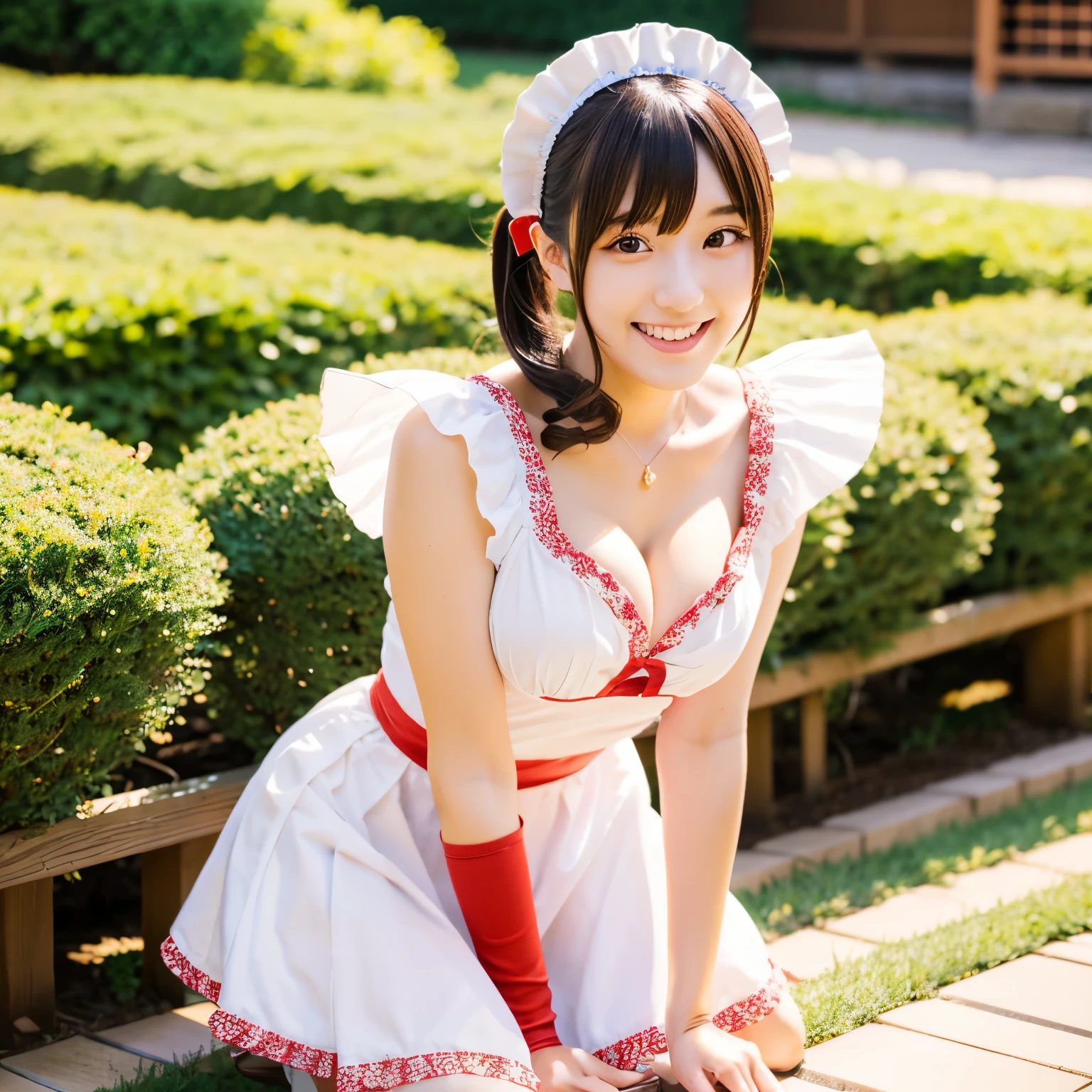 A 21-year-old maid with a cute face like an idol and a naughty personality　Smiling Kindly　Japanese maid cafe outfit　Maid clothes　mini skirt　Cosplay　　Medium bust　garden　Crouching　She&#39;s so naughty that she rolls up her skirt to show her panties　ts her skirt to show her panties to the .　RAW Photos　Natural light　Genuine　Genuine　Real Stick　High resolution　RAW Photos