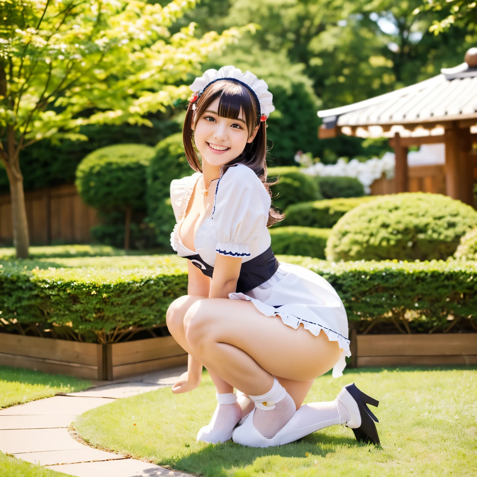 A 21-year-old maid with a cute face like an idol and a naughty personality Smiling Kindly Japanese maid cafe outfit Maid clothes mini skirt Cosplay Cleavage Medium bust garden Crouching She's so naughty that she rolls up her skirt to show her panties She lifts her skirt to show her panties to the viewers. RAW Photos Natural light Genuine Genuine Real Stick High resolution RAW Photos