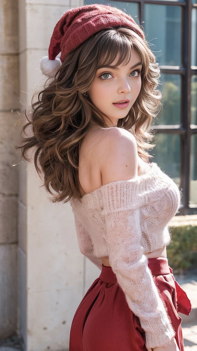 Camren Bicondova, ((masutepiece, Best Quality, hight resolution, nffsw, Perfect Pixel, 4K, nffsw, nffsw))), 1girl in, Single, Solo, Beautie、full body seen、 ((Medium length wavy hair, Bangs, Brown hair)), ((Brown-eyed, Beautiful eyelashes, Realistic eyes)), ((Detailed face, Blushing:1.2)), ((Smooth texture:0.75, Realistic texture:0.65, Photorealistic:1.1, Anime CG style)), medium breasts, Dynamic Angle, Perfect body, (Santa Claus Costume、Red knitted hat、Red off-the-shoulder sweater、Long flared skirt)), City staircase、Looking up from the bottom of the stairs、Very embarrassing panic smile、Open your mouth and make a surprised face、 turned around、bending forward、(The wind flipped my skirt and exposed my butt...........................................、stick out your butt、Touching the buttocks with both hands、Pink lace panties)、
