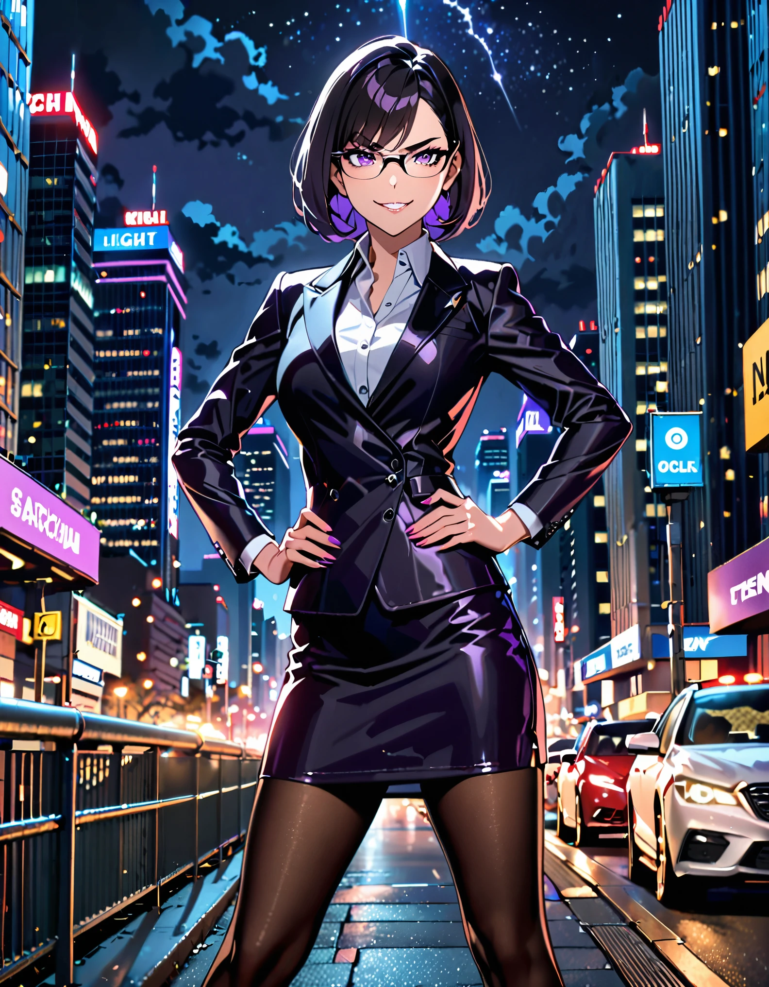 masterpiece, best quality, highres, 1girl, villain, business suit, pencil skirt, miniskirt, black pantyhose, high heels, night sky, standing straight, hands on hip, cityscape, searchlights, black hair, short hair, bob hair, purple eyes, beautiful detailed eyes, glasses, perfect hands, solo, solo focus, evil grin