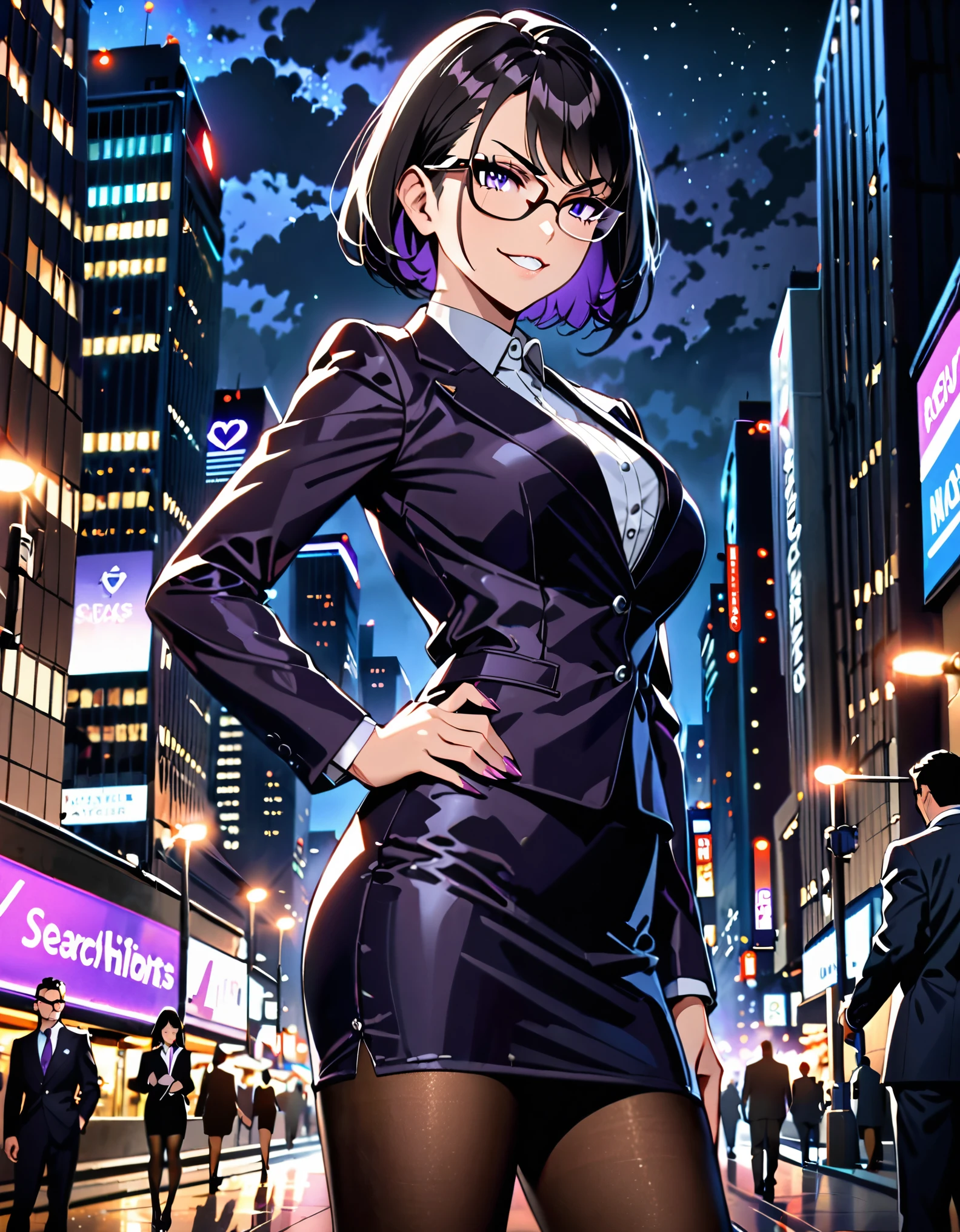 masterpiece, best quality, highres, 1girl, villain, business suit, pencil skirt, miniskirt, black pantyhose, high heels, night sky, standing straight, hands on hip, cityscape, searchlights, black hair, short hair, bob hair, purple eyes, beautiful detailed eyes, glasses, perfect hands, solo, solo focus, evil grin