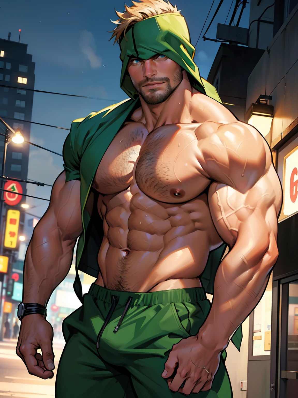 masterpiece, best quality, face, natural eyes, 1man, macho man,hunk and handsome , muscled and mature, stephen amell as a green arrow wearing totally unbuttoned  pants showing a green underwear, shirtless , showing nipples and privates  sweating, tight cloth showing his muscles and bulge , full body , background city at night