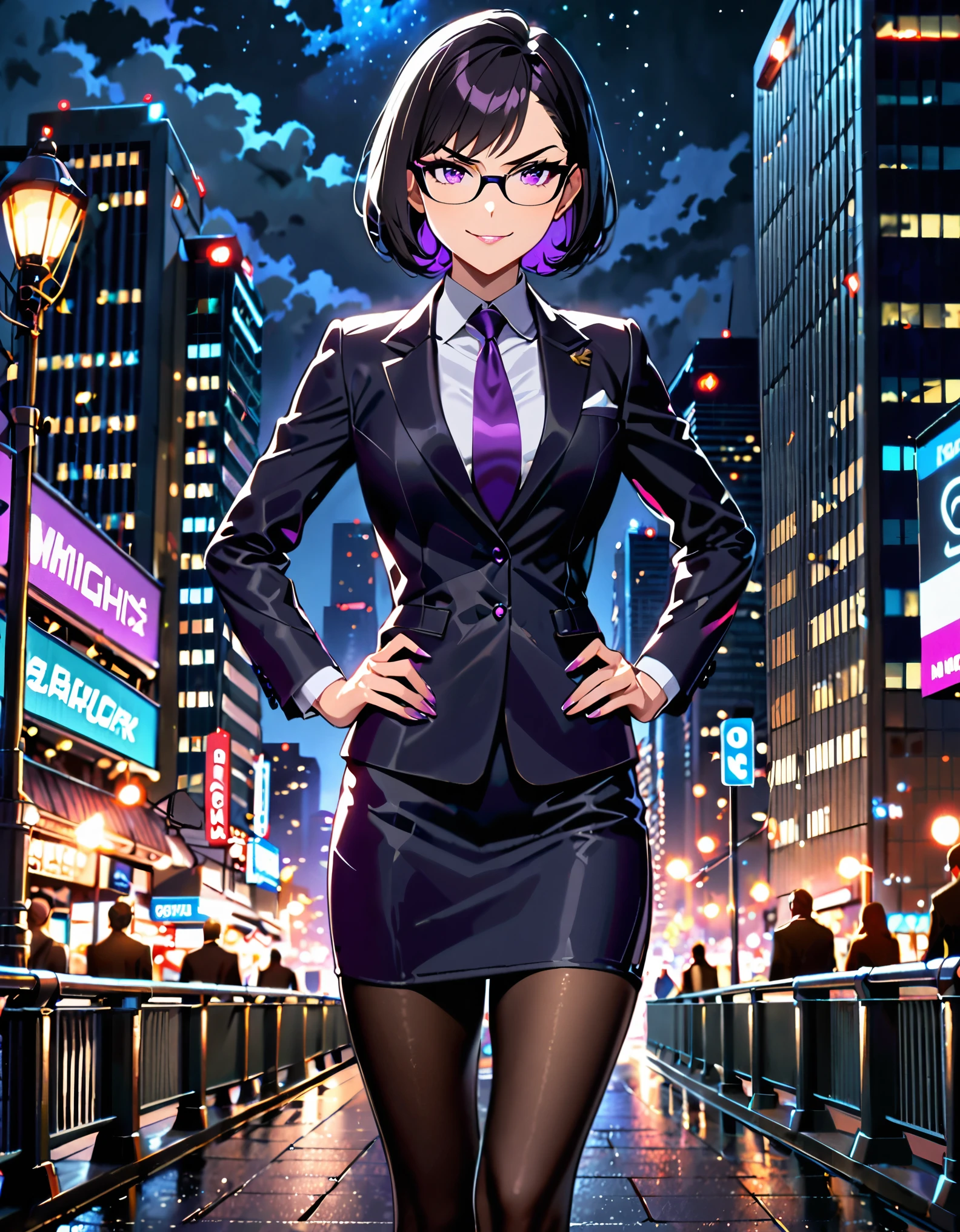 masterpiece, best quality, highres, 1girl, villain, business suit, pencil skirt, miniskirt, black pantyhose, high heels, night sky, standing straight, hands on hip, cityscape, searchlights, black hair, short hair, bob hair, purple eyes, beautiful detailed eyes, glasses, perfect hands, solo, solo focus, evil grin