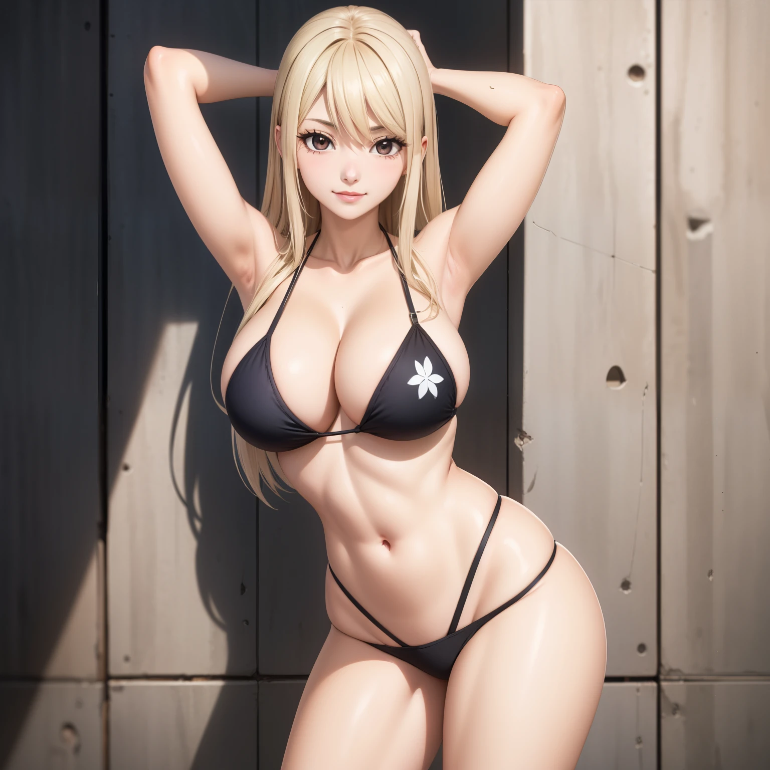 Lucy Heartfilia, mujer. cabello ruio, ojos cafes, pechos grandes, sonrisa coqueta, bikini rosado sexy, manos en la cabeza. apoyada en una pared, hands behind head.