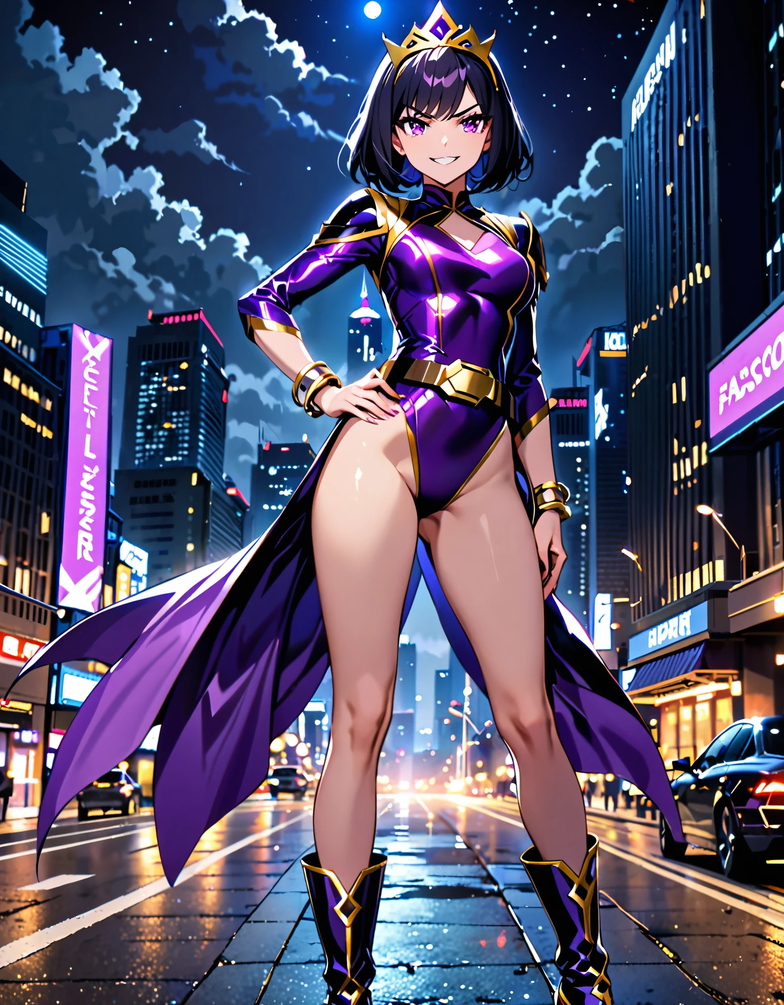 masterpiece, best quality, highres, 1girl, villain, leotard, purple leotard with gold accents, bare legs, (fastened tight gold belt), boots, ankle boots, bracelets, night sky, standing straight, hands on hip, infused with powers, cityscape, searchlights, black hair, short hair, bob hair, tiara, purple eyes, beautiful detailed eyes, perfect hands, solo, solo focus, evil grin