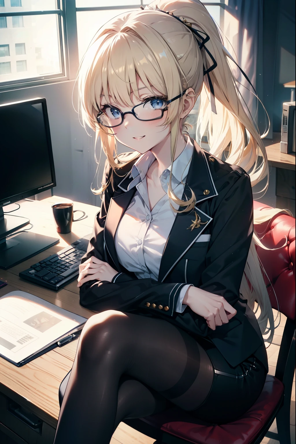 Eliris Penser, eriri sawamura spencer, Blonde Hair, blue eyes, Blunt bangs, hair band, Princess Cut, ponytail long hair, happy smile, smile, Open your mouth,OL, Akagi glasses, Black suit jacket, Collared jacket, White dress shirt, Collared shirt, Neckline, button, Black pencil skirt, Black Pantyhose,Stiletto heels,Arms crossed,sit cross-legged on a chair,There is a computer on the table,touch typing,whole bodyがイラストに入るように,sunny,Daytime,
break indoors, オフィス
break looking at viewer, whole body, 
break (masterpiece:1.2), highest quality, High resolution, unity 8k wallpaper, (shape:0.8), (Beautiful details:1.6), Highly detailed face, Perfect lighting, Extremely detailed CG, (Perfect hands, Perfect Anatomy),