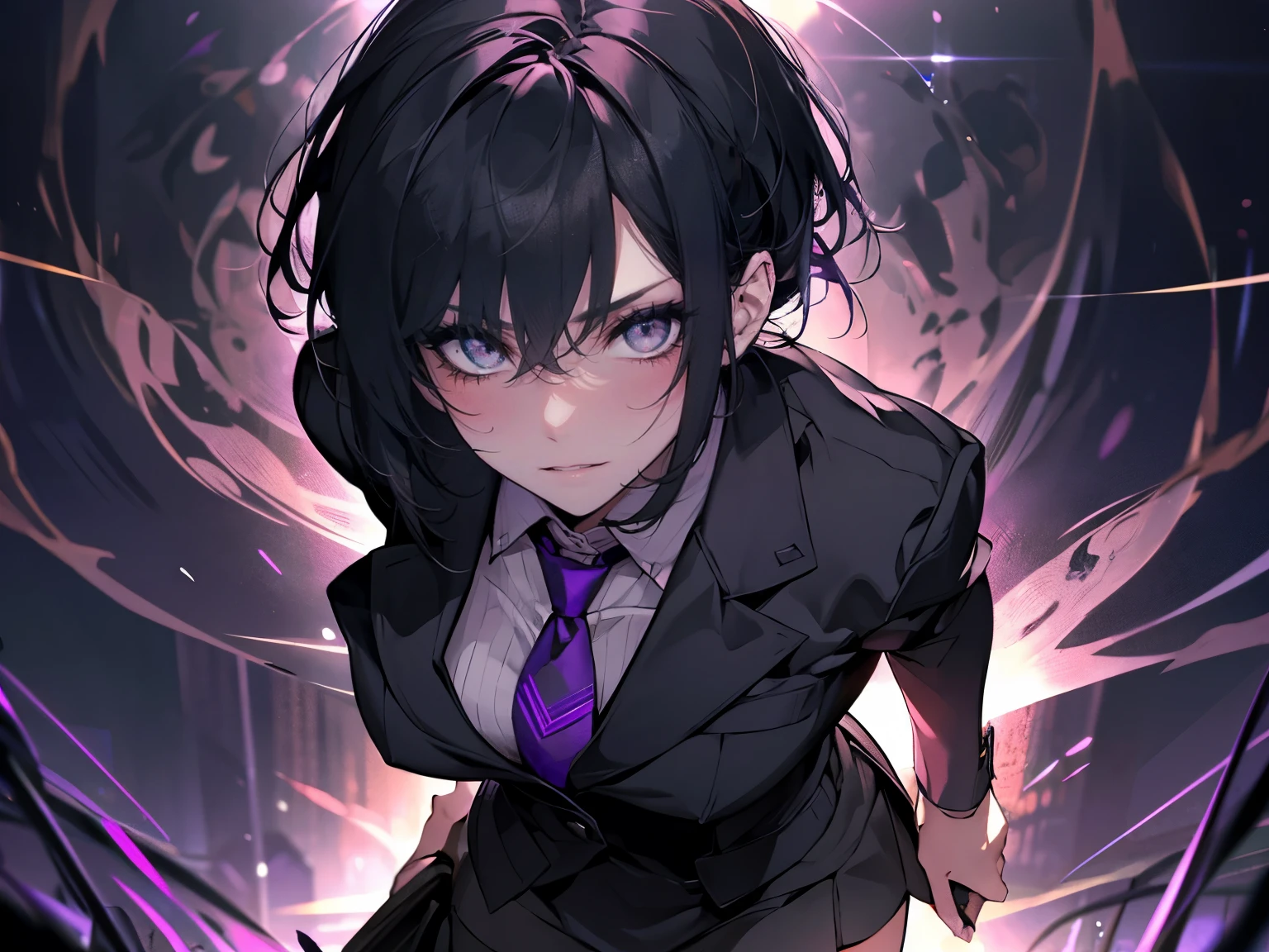 1female, teacher, wearing a black suit, purple tie, miniskirt, Thicc, black hair, short hair, glowing purple eyes, face to detail, detailed eyes, the background is a dark place, holding an old telephone, Close up.