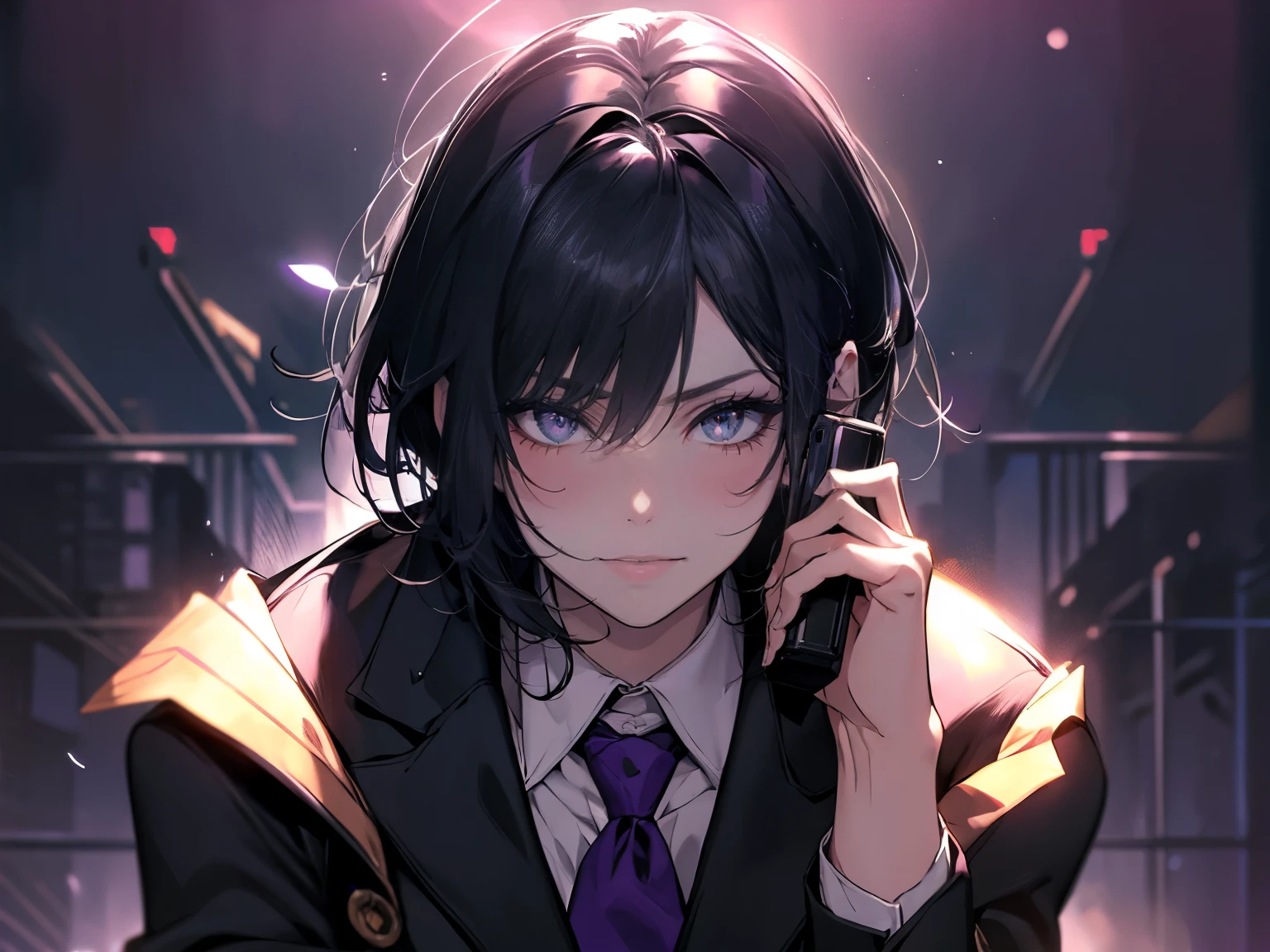 1female, teacher, wearing a black suit, purple tie, miniskirt, Thicc, black hair, short hair, glowing purple eyes, face to detail, detailed eyes, the background is a dark place, holding an old telephone, Close up.
