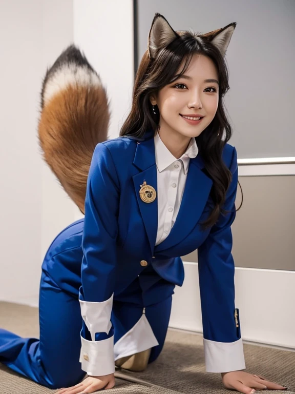 ((highest quality, 32k)), ((masterpiece)), (Familiar), Perfect Face, vixen, Pretty girl, Company Office, Has a tail, She has a northern fox tail., She stands up her fluffy tail, Dog collar, Beautiful hip line, Big , She is wearing a pantsuit, A big tail sticks out, smile, Climb on all fours, Nice body