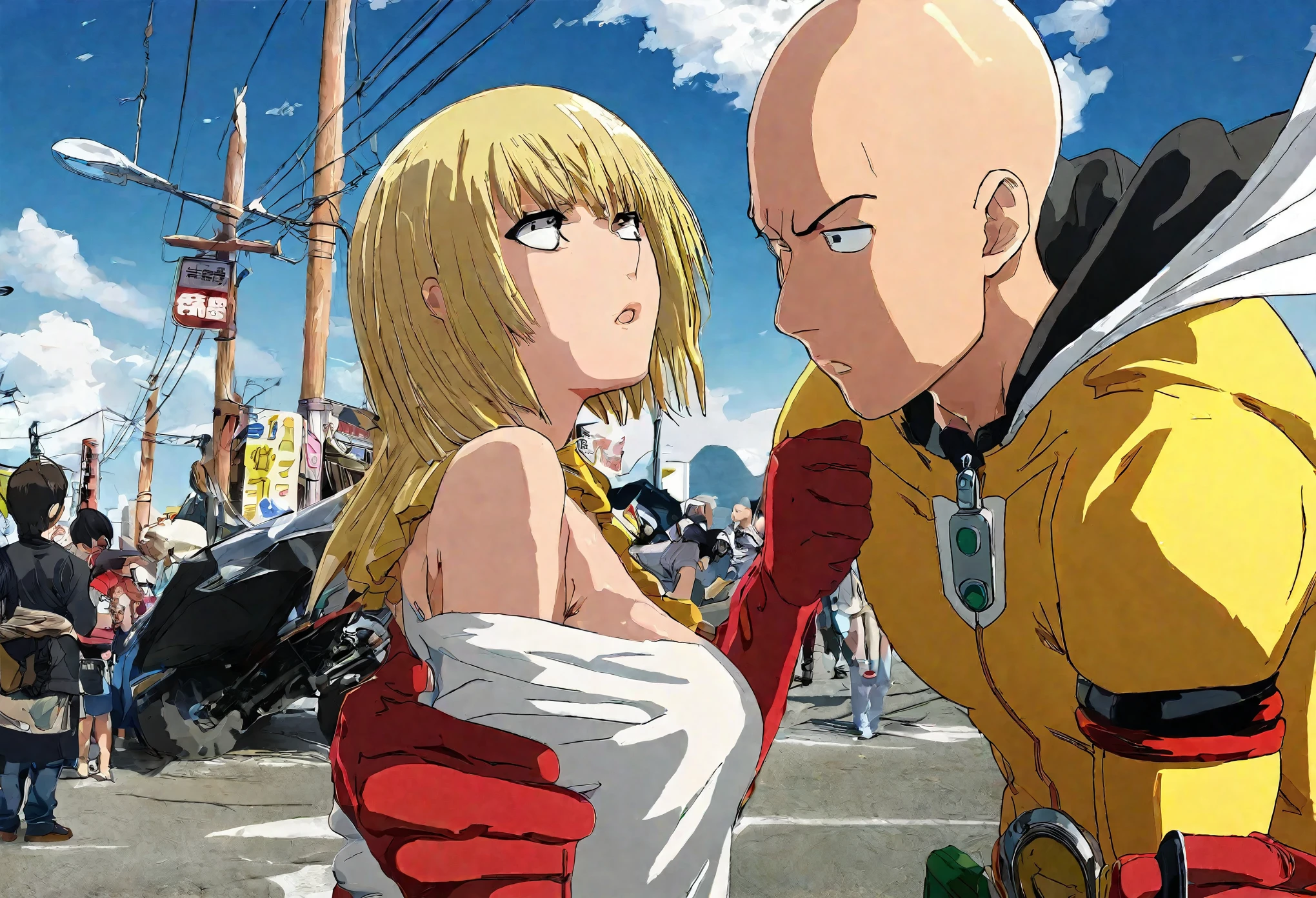 Saitama, one punch man, looks confused. A cute woman has declared she is his girlfriend and is posing for couples photos and asking the crowd to take picture, set in a wrecked part of town post fight