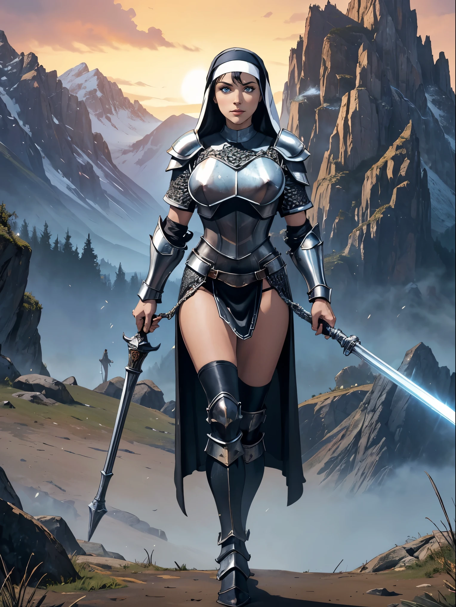 (masterpiece, top quality, best quality, official art, beautiful and aesthetic:1.2), (1girl:1.3), ((Sharp facial features, sharp features, hawkish features)), ((blue eyes)), busty brunette paladin knight girl, extremely detailed, portrait, looking at viewer, solo, (full body:0.6), detailed background, full-body shot, (warm mountain meadow theme:1.1), holy knight, (nun), charlatan, smirk, mysterious, swaying in mountains, armor, polished metal, gold trim, long boots, white fabric, pelvic curtain, robe, pale leather, ((((nun, holy aura, mace, heavy armor, armored, long legs, pelvic curtain, toned, muscular, chainmail)))), slim waist, slim hips, long legs, medieval (mountain exterior:1.1) background, dark mysterious lighting, shadows, magical atmosphere, dutch angle