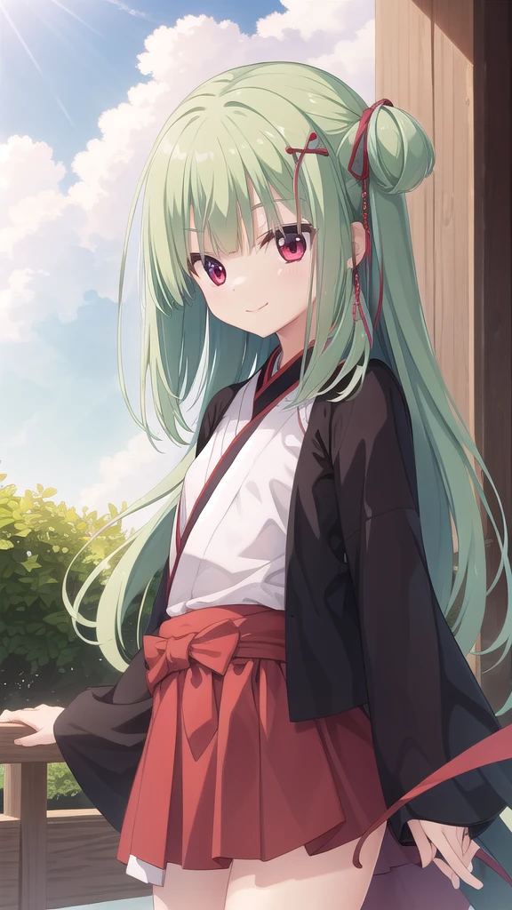 ((masterpiece)),(best quality),Official Art,Extremely detailed CG,Unity 8k Wallpaper,Super detailed,Beautiful and delicate eyes,Extremely detailed face,1 girl,solitary,,(whole body:1.5),(small:1.3),Smile,,Murasame,Very long hair,Green Hair,Face Up,Purple bow,hairpin,Side chains,Bangs,Red Eyes,Neck strap,Red belt,Elegant and beautiful，Elegant cloud sleeve Hanfu，ribbon，Warm wind and sunny day，Best for chanting in poetry，spring