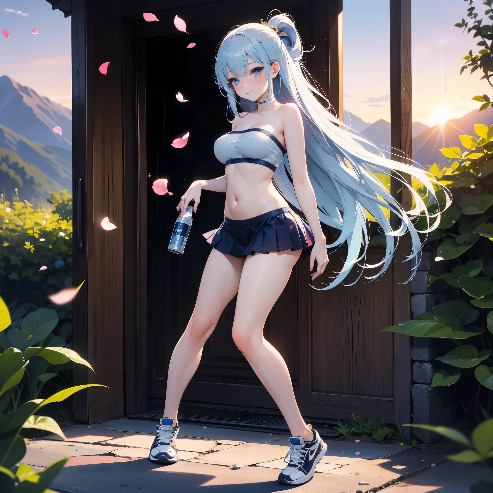 realistic image, detailed image, coherent image, 1 beautiful girl, she has very long hair, light blue hair, blue eyes, smiling expression. She is wearing a strapless top, showing her navel, a thin thong, a pleated miniskirt, sneakers, She has a curvy body, medium breasts and thick thighs, She is standing, legs crossed, arching her back, surrounded by bottles of alcohol , background of a mountainous landscape, flower petals falling around, sunset, twilight, Soft focus, full body view, Dramatic shadows, Volumetric lighting, natural lighting,