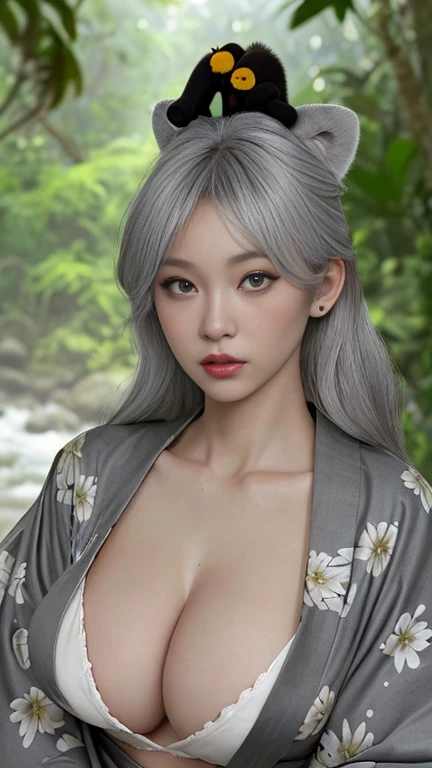 Gorilla, ear on head, beautiful girl,gray hair, big breasts, wearing a bare-chested kimono, sexy post,by jungle.