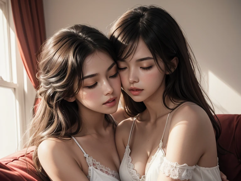peeking perspective, 2 intimated young women (slim figure, Lifelike face, real looking skin, messy hair), Aggressively kissing each other on lip amorously and soulfully, Eyes closed, Hugging, Making out, on sofa, One wearing white-strap-tops, lace, another wearing red-slip-dress, afternoon light