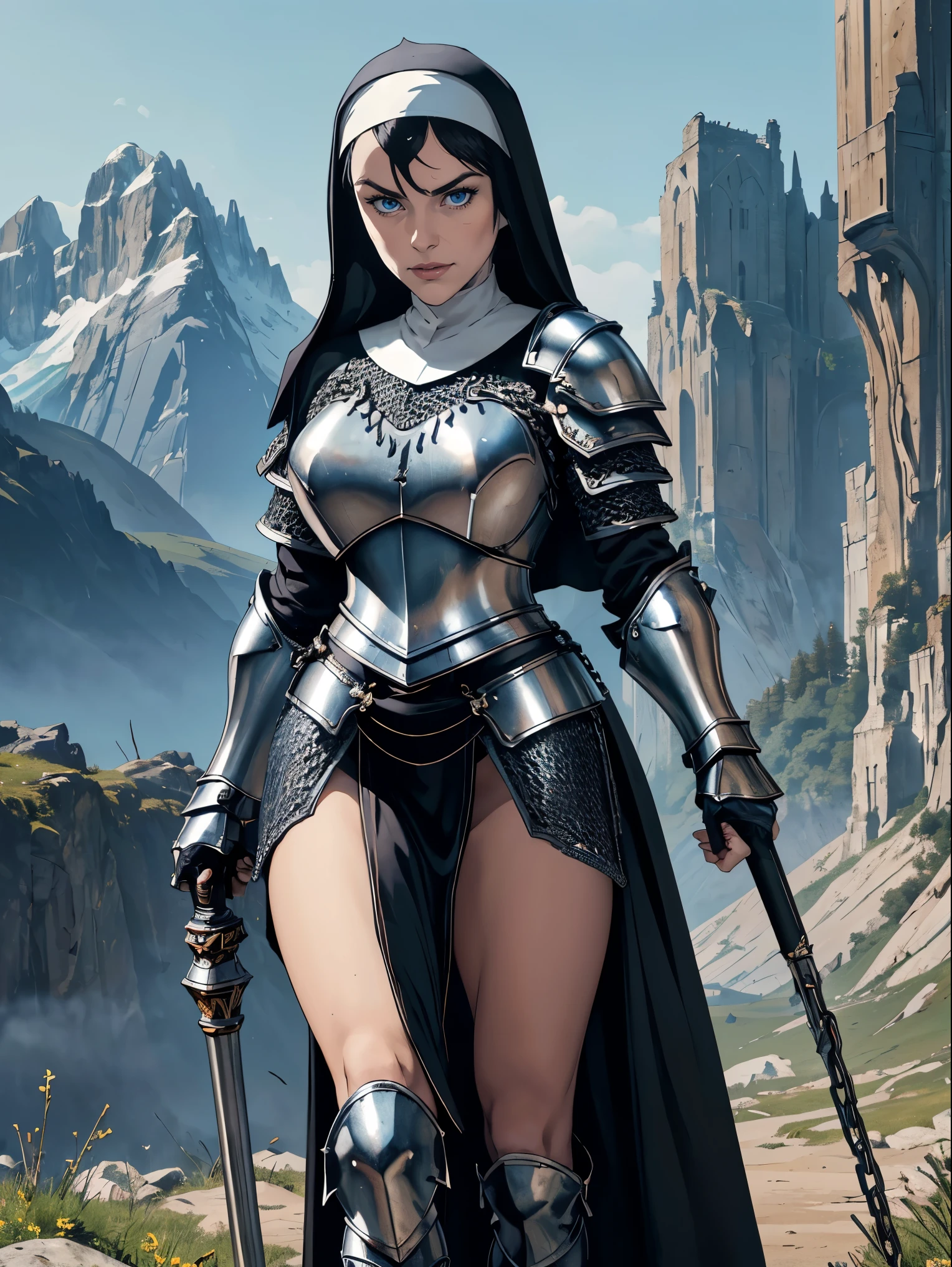 (masterpiece, top quality, best quality, official art, beautiful and aesthetic:1.2), (1girl:1.3), ((Sharp facial features, sharp features, hawkish features)), ((blue eyes)), busty brunette paladin knight girl, extremely detailed, portrait, looking at viewer, solo, (full body:0.6), detailed background, full-body shot, (warm mountain meadow theme:1.1), holy knight, (nun), charlatan, smirk, mysterious, swaying in mountains, armor, polished metal, gold trim, long boots, white fabric, pelvic curtain, robe, pale leather, ((((nun, holy aura, mace, heavy armor, armored, long legs, pelvic curtain, toned, muscular, chainmail)))), slim waist, slim hips, long legs, medieval (mountain exterior:1.1) background, dark mysterious lighting, shadows, magical atmosphere, dutch angle