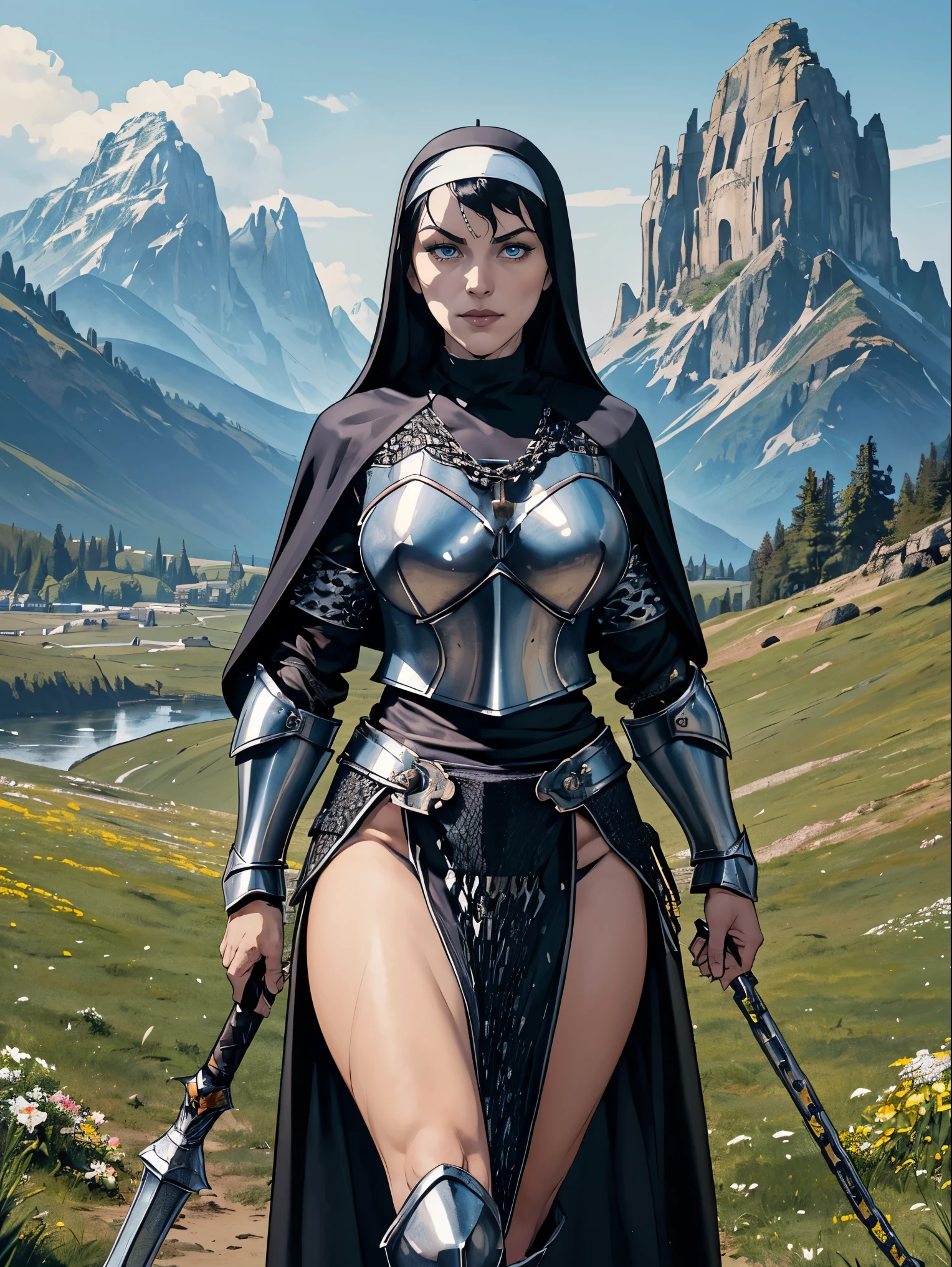 (masterpiece, top quality, best quality, official art, beautiful and aesthetic:1.2), (1girl:1.3), ((Sharp facial features, sharp features, hawkish features)), ((blue eyes)), busty brunette paladin knight girl, extremely detailed, portrait, looking at viewer, solo, (full body:0.6), detailed background, full-body shot, (warm mountain meadow theme:1.1), holy knight, (nun), charlatan, smirk, mysterious, swaying in mountains, armor, polished metal, gold trim, long boots, white fabric, pelvic curtain, robe, pale leather, ((((nun, holy aura, mace, heavy armor, armored, long legs, pelvic curtain, toned, muscular, chainmail)))), slim waist, slim hips, long legs, medieval (mountain exterior:1.1) background, dark mysterious lighting, shadows, magical atmosphere, dutch angle