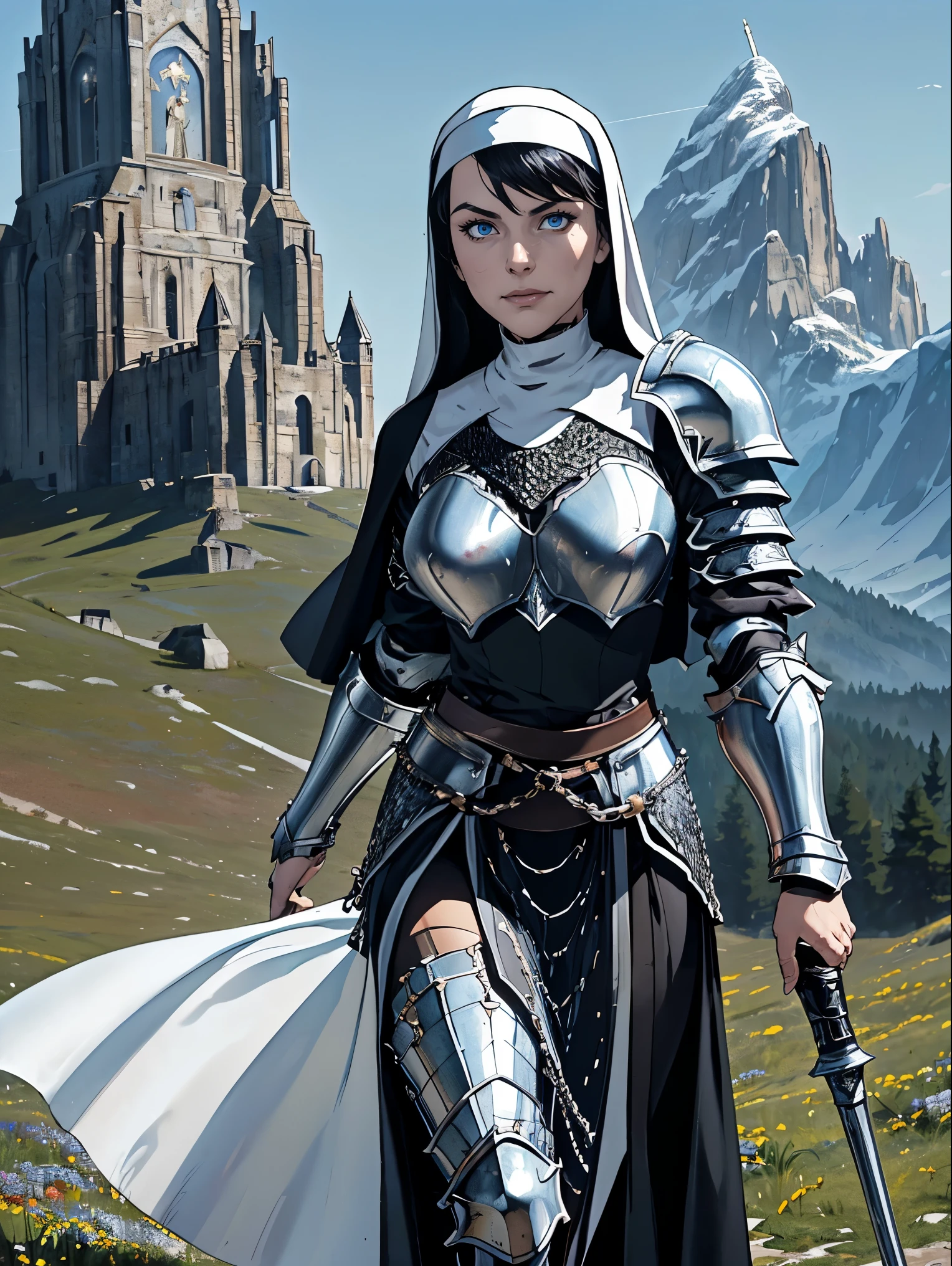 (masterpiece, top quality, best quality, official art, beautiful and aesthetic:1.2), (1girl:1.3), ((Sharp facial features, sharp features, hawkish features)), ((blue eyes)), busty brunette paladin knight girl, extremely detailed, portrait, looking at viewer, solo, (full body:0.6), detailed background, full-body shot, (warm mountain meadow theme:1.1), holy knight, (nun), charlatan, smirk, mysterious, swaying in mountains, armor, polished metal, gold trim, long boots, white fabric, pelvic curtain, robe, pale leather, ((((nun, holy aura, mace, heavy armor, armored, long legs, pelvic curtain, toned, muscular, chainmail)))), slim waist, slim hips, long legs, medieval (mountain exterior:1.1) background, dark mysterious lighting, shadows, magical atmosphere, dutch angle
