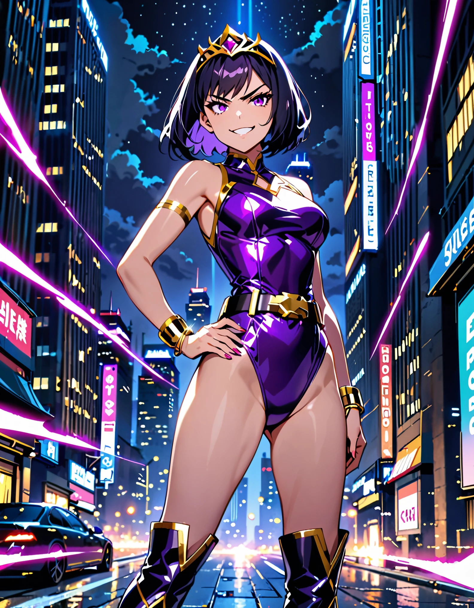 masterpiece, best quality, highres, 1girl, villain, leotard, purple leotard with gold accents, bare legs, (fastened tight gold belt), boots, ankle boots, bracelets, night sky, standing straight, hands on hip, infused with powers, cityscape, searchlights, black hair, short hair, bob hair, tiara, purple eyes, beautiful detailed eyes, perfect hands, solo, solo focus, evil grin, uses her powers
