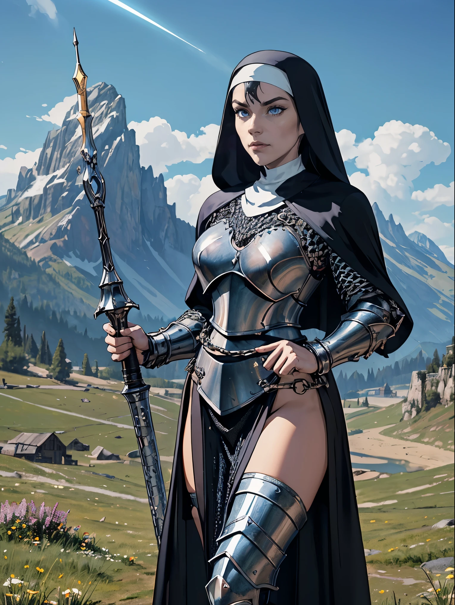 (masterpiece, top quality, best quality, official art, beautiful and aesthetic:1.2), (1girl:1.3), ((Sharp facial features, sharp features, hawkish features)), ((blue eyes)), busty brunette paladin knight girl, extremely detailed, portrait, looking at viewer, solo, (full body:0.6), detailed background, full-body shot, (warm mountain meadow theme:1.1), holy knight, (nun), charlatan, smirk, mysterious, swaying in mountains, armor, polished metal, gold trim, long boots, white fabric, pelvic curtain, robe, pale leather, ((((nun, holy aura, mace, heavy armor, armored, long legs, pelvic curtain, toned, muscular, chainmail)))), slim waist, slim hips, long legs, medieval (mountain exterior:1.1) background, dark mysterious lighting, shadows, magical atmosphere, dutch angle