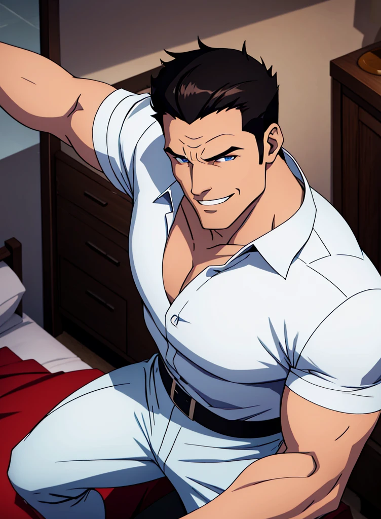 A down to upper view of a solo dude, muscular daddy 47yo, large chest, alluring man, seductive nasty flush face, black short hair with strand of hair on forehead, smiling nastly, oppening his white formal tight shirt, body shot, night bedroom.