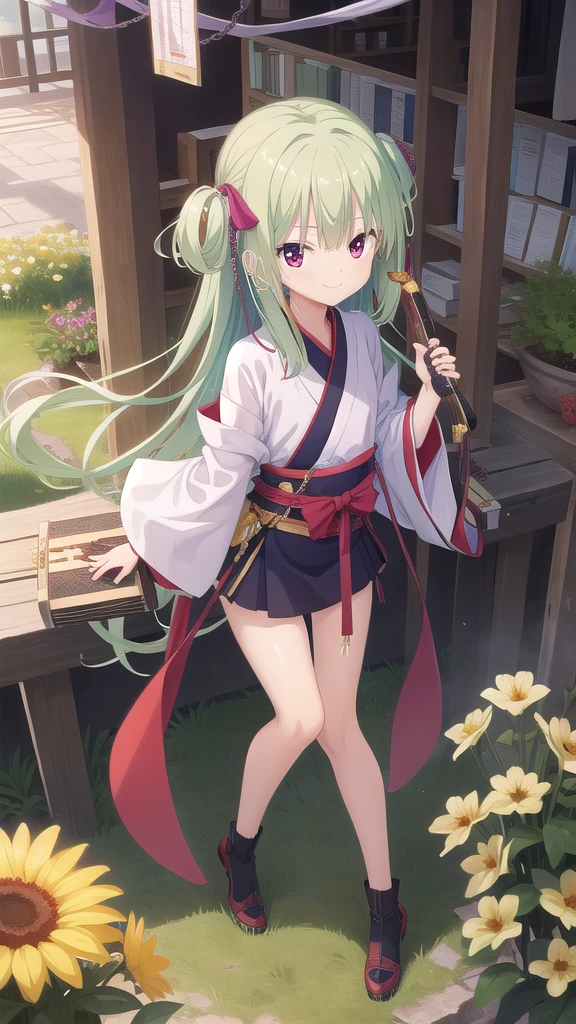 ((masterpiece)),(best quality),Official Art,Extremely detailed CG,Unity 8k Wallpaper,Super detailed,Beautiful and delicate eyes,Extremely detailed face,1 girl,solitary,,(whole body:1.5),(small:1.3),Smile,,Murasame,Very long hair,Green Hair,Face Up,Purple bow,hairpin,Side chains,Bangs,Red Eyes,Neck strap,Red belt,Elegant and beautiful，Elegant cloud sleeve Hanfu，Carrying the zither and books back to the old retreat，Spring with wild flowers and chirping birds