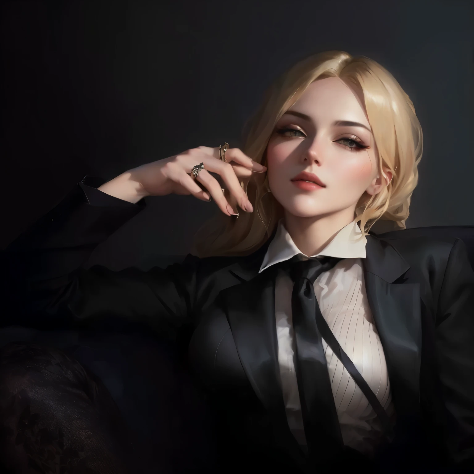 Blonde woman in black suit and tie sitting on a sofa, digital art of an elegant, madonna  elegante, retrato de alta calidad, inspirado en Yanjun Cheng, in bowater art style, obra de arte al estilo de guweiz, realistic art style, fanart best art station, epic and elegant portrait, retrato de arte de personaje, pintura digital elegante