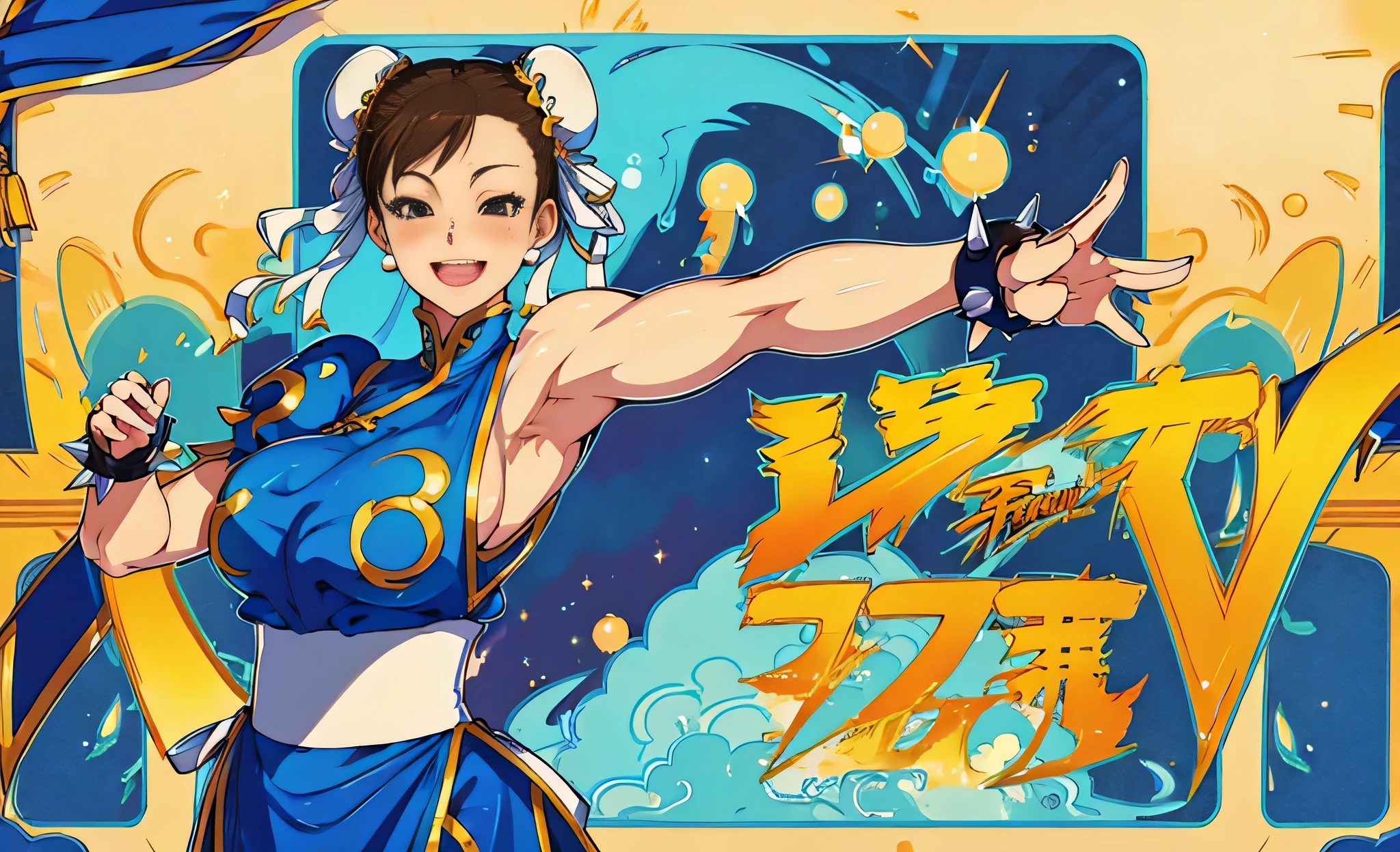 Street fighter chun li smiling, very happy, showing armpits.
